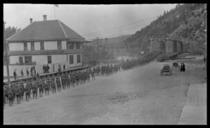 Tobias' Tigers, World War I troops crossing Kicking Horse bridge in Golden, B.C.
