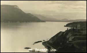 Postcard showing Columbia Lake with train tracks