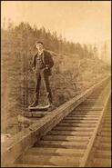 Unidentified man on Stoney Creek bridge, early 1900s