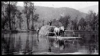 Constantine Popoff bringing hay on raft from Clough's island in the Slocan River