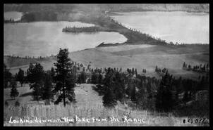 View of Oyama from the west side range showing Kalamalka Lake, Wood Lake and the isthmus