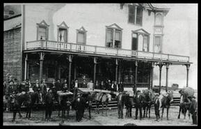 Men and pack horses in front of Arlington Hotel, Slocan City