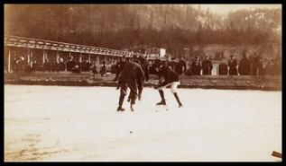 Hockey game on the frozen lake at Chase wharf