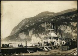 S.S. Slocan at Slocan City wharf with C.P.R. engine #402