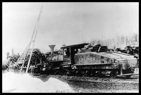 Railway locomotive and cars loaded with logs on the east side of White Creek 900 ft. northeast of Mrs. E. Mackenzie's home