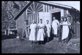 Stump Lake Road construction kitchen staff in front of cookhouse