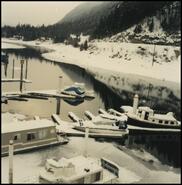 View of waterfront in Sicamous Narrows in winter