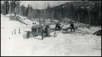 Ang Atchison and Lloyd Watkins cutting wood, Brisco
