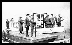 Supply boat at Gillis camp launch barge in Six Mile Internment Camp on Mara Lake near Sicamous
