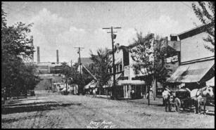 Horse and wagon and early automobile on an unpaved Bay Avenue, early 1920s