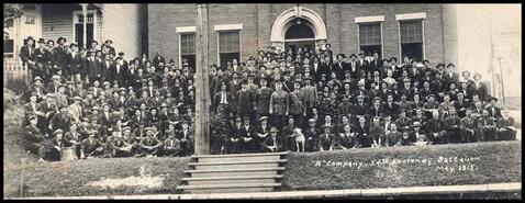 "A" company 54th Kootenay Battalion in front of YMCA building, Nelson