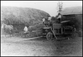 Horse hay baler on Emeny farm with unidentified workers