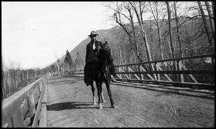 Chief Johnny Clemah on horseback on Enderby bridge