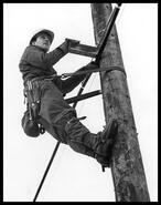 Okanagan Telephone employee Gordon Baurer climbing pole to make telephone repairs