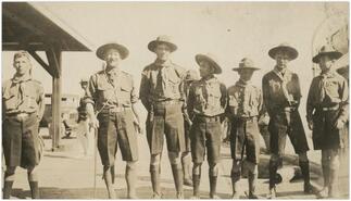 Scout Master Capt. Bowen with Boy Scouts at Naramata wharf(?)