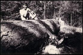 Arthur Marty sawing a log