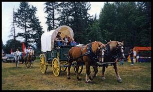 Wagon and horses in parade during BX Stagecoach Stopover community event at the BX Ranch Park