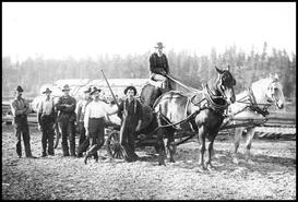 Armstrong Sawmill workers standing beside a wagon loaded with logs