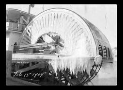 S.S. Okanagan with frozen paddle wheel at Kelowna