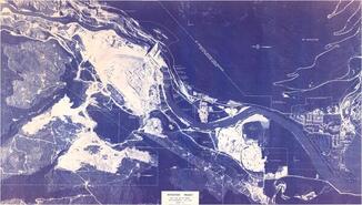 Aerial blueprint of Revelstoke hydro dam near completion
