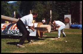 One-man one-woman cross cut saw contestants at Revelstoke Timber Days