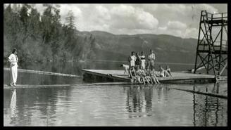 Swimmers on the dock at the Alpine Inn, Christina Lake, B.C.