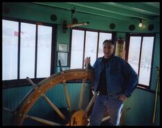 Ken Peters in the recently restored S.S. Sicamous wheel house