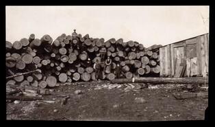 Group in front of large log pile at Munson and Simpson Sawmill, Beaver Lake Road