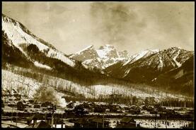 Fernie with G.N.R. train and mountains in the background