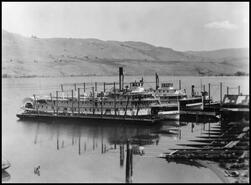 C.P.R. barge, S.S. Sicamous, S.S. Okanagan, sternwheelers and tug at the Okanagan Landing slipway