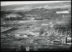 Aerial view of Kelowna including rail yard