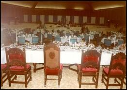 Banquet tables in the Rec Centre for "the Queen's visit to Vernon, March '83, Vernon's 90th birthday"