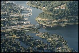 Aerial view of C.P.R. train bridge, ca. 1987