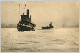 Tugs Naramata and York and S.S. Sicamous in the ice off Crescent Beach