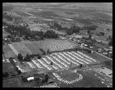 Aerial view of Wally Byam airstream trailer encampment at the Skyway drive-in theatre, Vernon