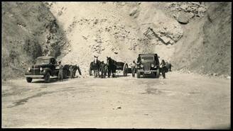 Trucks, horses, and wagons at Gypsum Mine
