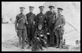 Group of soldiers with soldiers and a bear cub at Camp Vernon