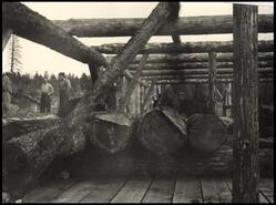 Major Goldman, David Sampson and Harry Stumble at log cutting saw at Voght Valley