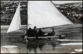 Angus, Ellen and Max Ewart [on ice boat]