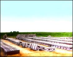 Cement blocks drying at Doukhobor brick factory, Veregin, Saskatchewan