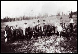 Gang Ranch hands on horses Marcell, Paul Rogett, Don, Walter G….., Bobby Kelety, Pat Che?sy, Jeinn(?) Able, Jimmy Rosett, Alex Keletz(?).