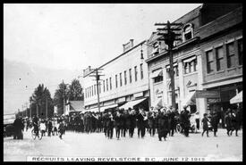 Postcard of recruits leaving Revelstoke