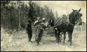 Six men with horse and wagon