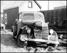 Wrecked 1940s International truck at J.S. Galbraith's shop