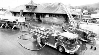 Vernon C.P.R. station fire with fire trucks