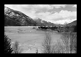 View of frozen Slocan Lake, New Denver Sanatorium and waterfront