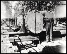 Man beside large log on saw carriage