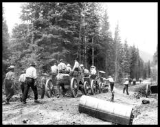 Transporting men during in wagons construction of Big Bend Highway