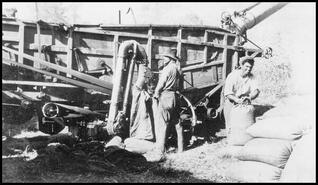 Bagging grain at wooden threshing machine