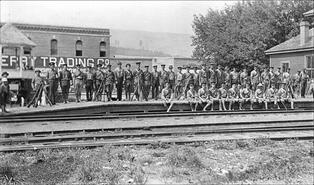 Royal Military Rifles waiting at the Vernon C.P.R. Station